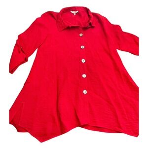 John Mark Size Medium Red Button Up Asymetrical Tunic Top Roll Tab‎ Sleeves Work